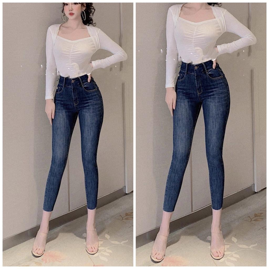 Quần jeans 9 TẤC BigSize co dãn mạnh, lưng cao, màu xanh đậm tua lai 4210