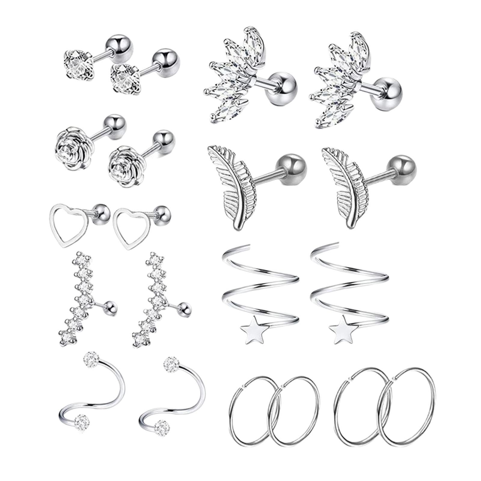 10 Pairs Tiny Stud Earrings Set Crown Moon Heart Disc Ball Small Flat Back Earrings Stainless Steel Barbell Earrings Piercing Set