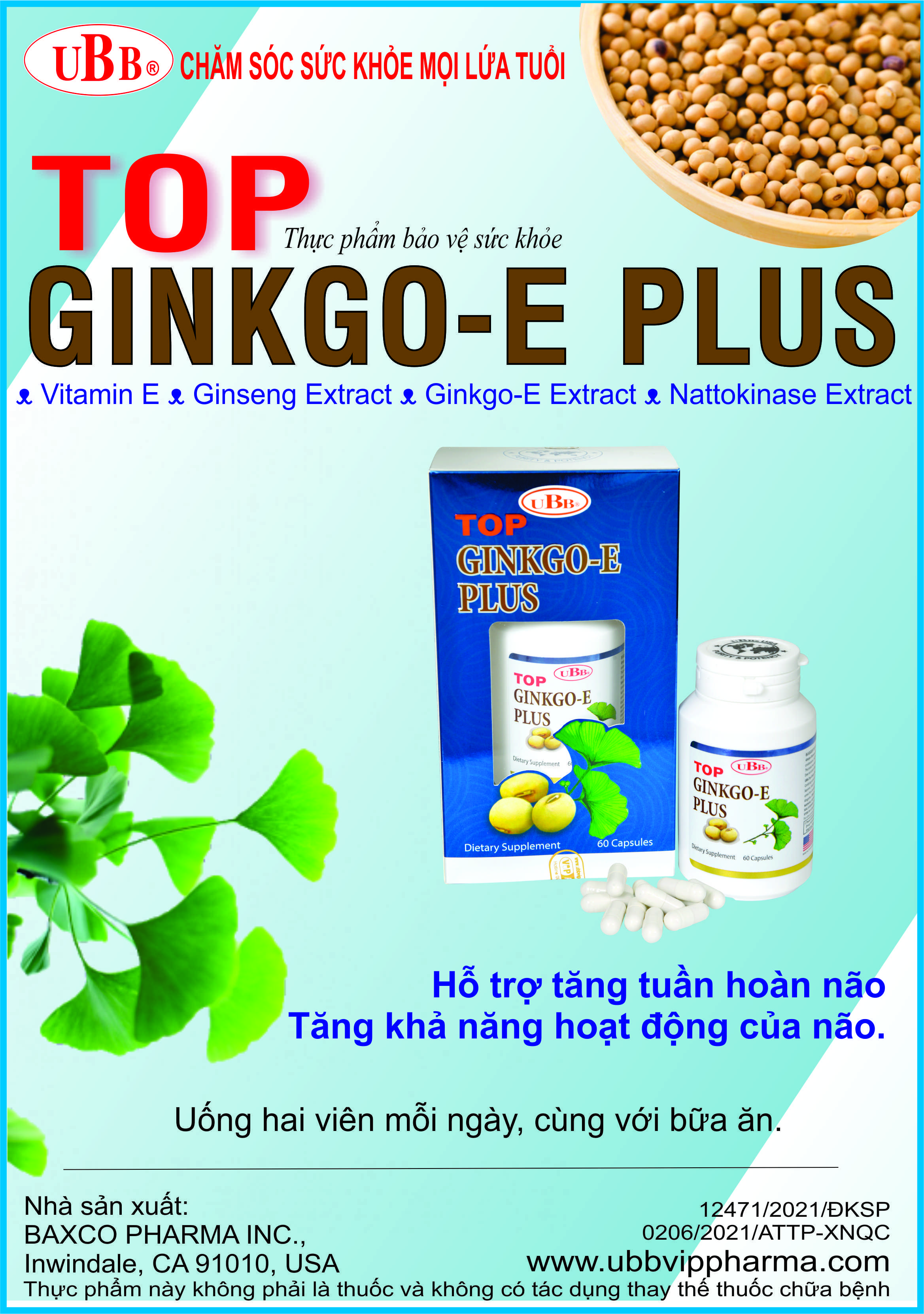 Thực Phẩm Chức Năng - UBB TOP GINKGO-E PLUS - Hỗ trợ tăng tuần hoàn não, Bổ não, giảm nguy cơ tai biến