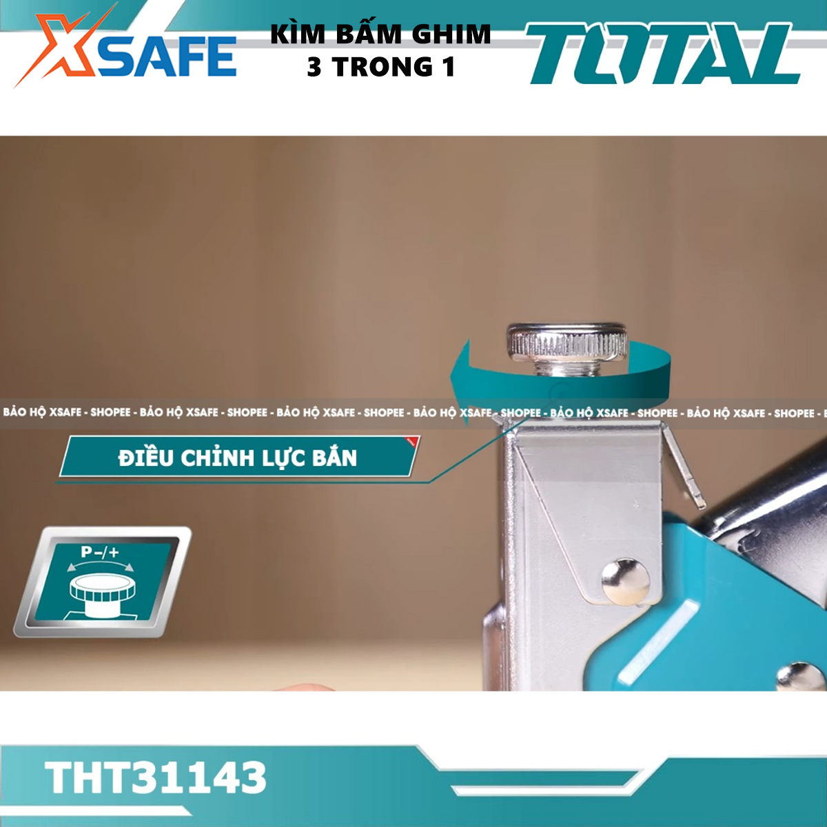 Kìm bấm đinh ghim đa năng 3 trong 1 TOTAL THT31143 Kềm bấm ghim điều chỉnh lực bắn kèm 600 mũi ghim U, đinh, chữ nhật