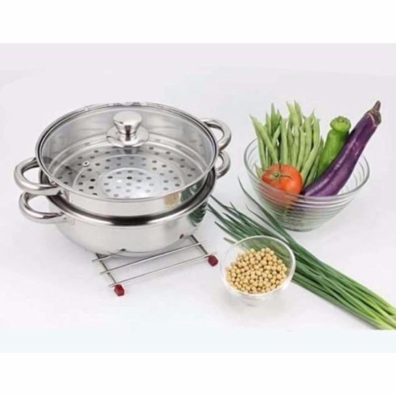 Nồi hấp 2 tầng đa năng đường kính 28cm, Bộ xửng hấp inox 28cm đa năng 2 tầng cao cấp nắp kính