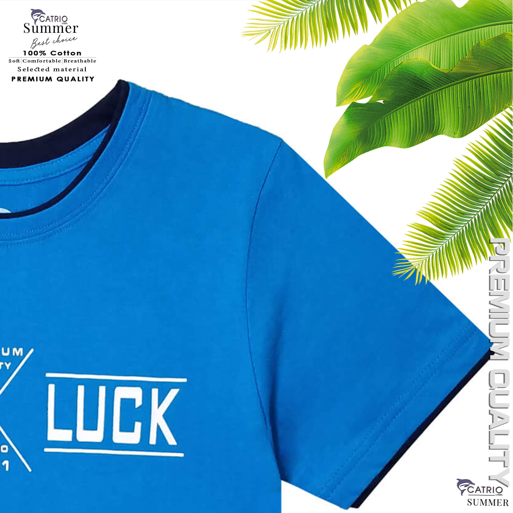 ÁO PHÔNG BÉ TRAI NGẮN TAY CATRIO in GOODLUCK là áo thun trẻ em từ 9T..18 tuổi XANH BIỂN