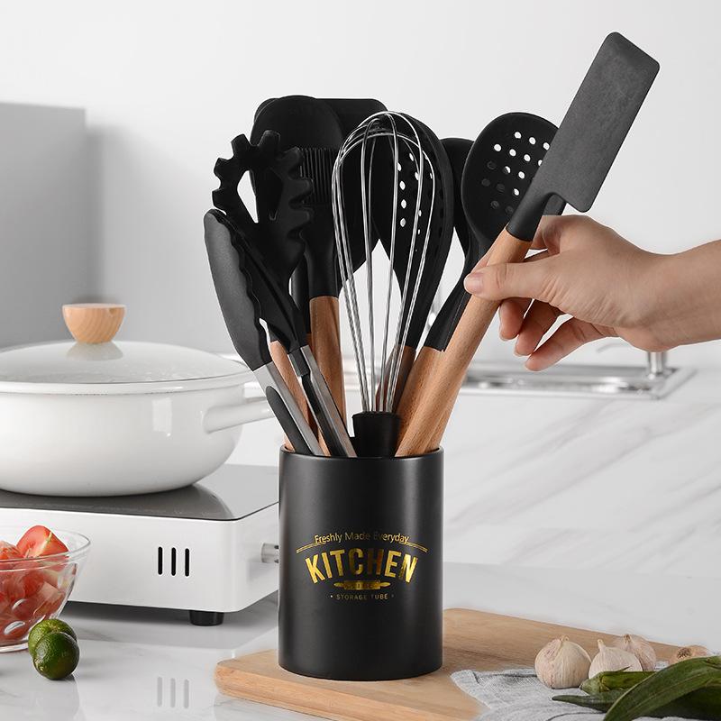 Nấu Ăn Nhà Bếp Tiện Dụng Bộ Chịu Nhiệt Độ Cao Không Dính Ốp Nồi Dụng Cụ Với Tay Cầm Bằng Gỗ Màu Trắng Sữa & Đen