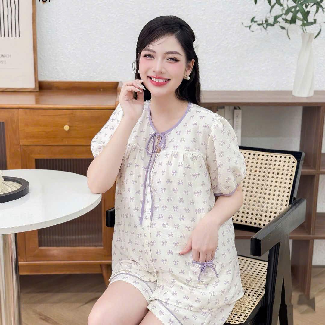 Bộ Sooc Đũi Nơ Tím Cho Mẹ Bầu. Chất đũi siêu nhẹ, mềm, thấm hút mồ hôi