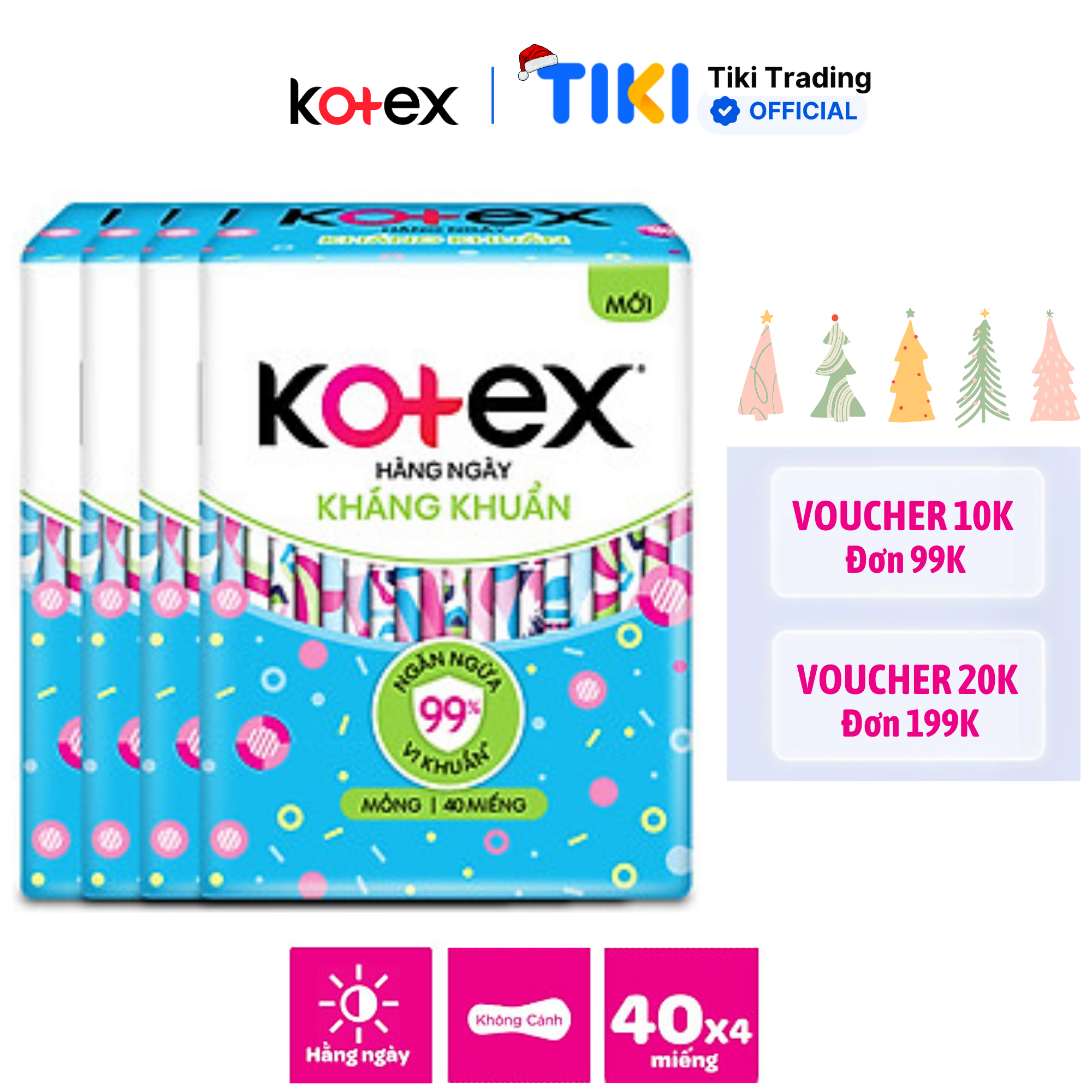 Combo 4 gói băng vệ sinh Kotex hằng ngày kháng khuẩn 40 miếng