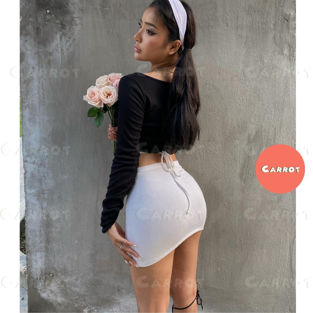 Croptop đen tay dài chân váy trắng basic ôm eo cột dây tôn dáng chất thun trendy thời trang nữ carrotxinhdep