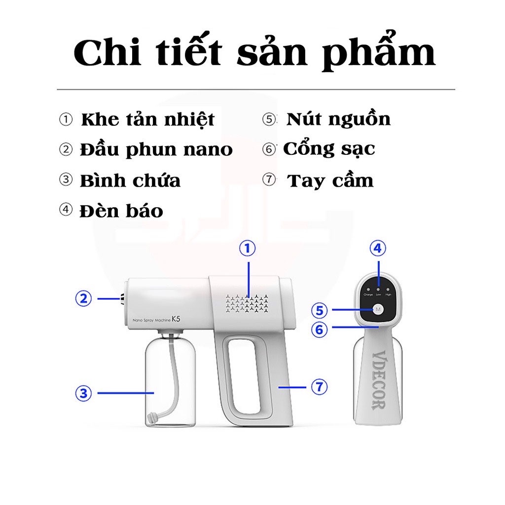 Máy Phun Xịt Khử khuẩn Sát Trùng Nano Cầm Tay K5 Pro Hàng Chuẩn In Laser 8 Mắt UV, phun xa 1.5m Loại Mới