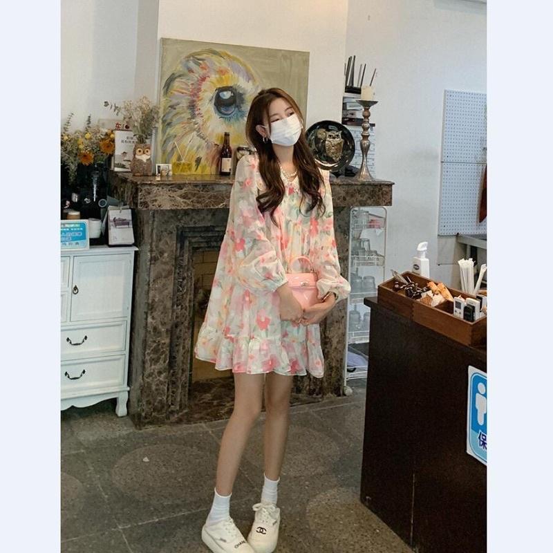 ĐẦM BABYDOLL TAY DÀI HOẠ TIẾT HOA PHONG CÁCH HÀN QUỐC