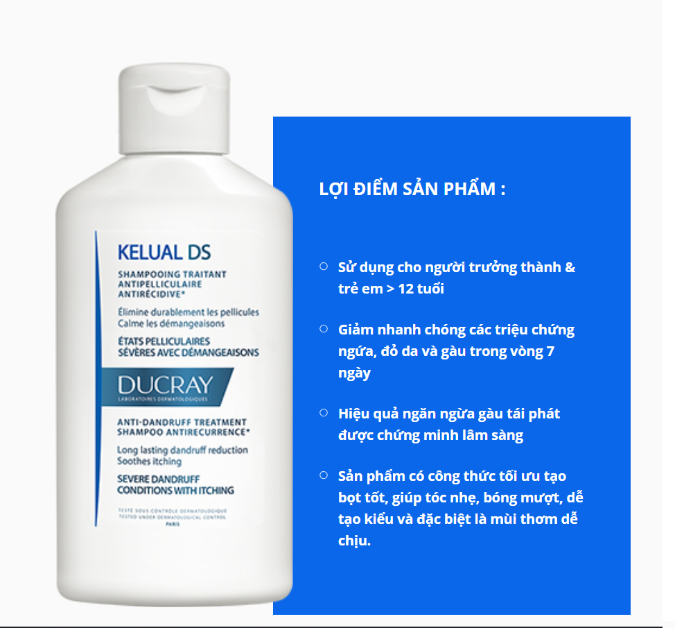 Dầu gội cho gầu nặng, viêm da tiết bã, ngừa tái phát Ducray KELUAL DS Shampoo 100 ml (Nhập khẩu) - vỏ mới