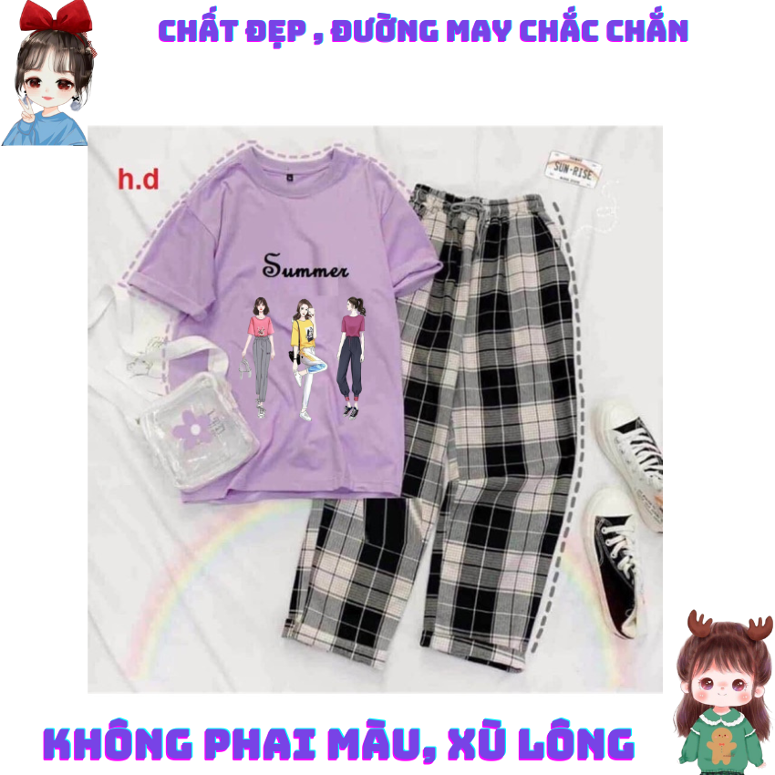 Sét Bộ Nữ SS16, Sét Đồ Nữ Đi Chơi Đẹp In Chữ Mùa Hè , Sét Áo Vải Cotton, Hình In Sắc Nét Và Quần Kẻ Màu Cá Tính