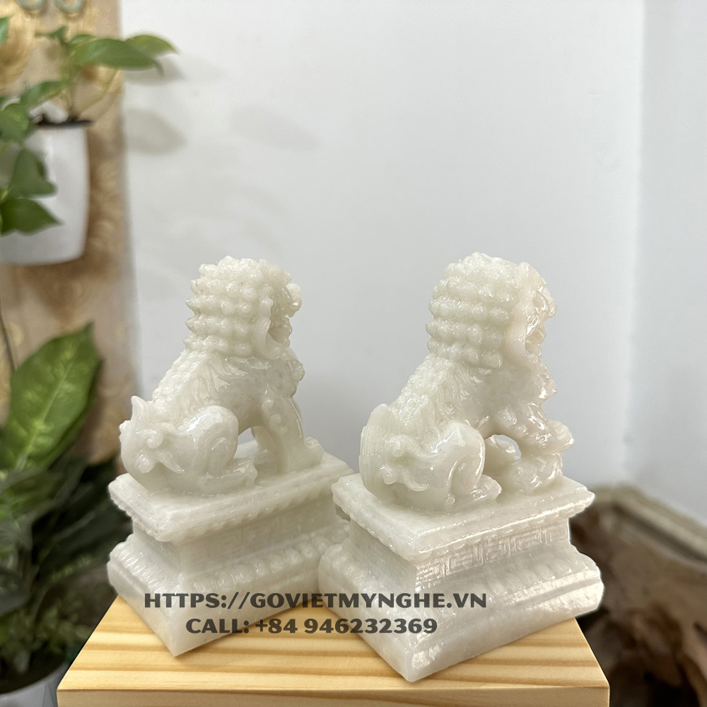 Tượng đá trang trí phong thủy Cặp 2 tượng Kỳ Lân trang trí phong thủy - Chiều Cao 12cm - Màu trắng đá non nước