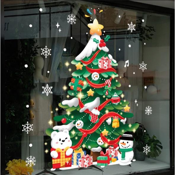 Decal trang trí Noel Hít Tĩnh Điện 2 mặt - CÂY THÔNG QUÀ CÙNG GẤU TUYẾT ĐÁNG YÊU