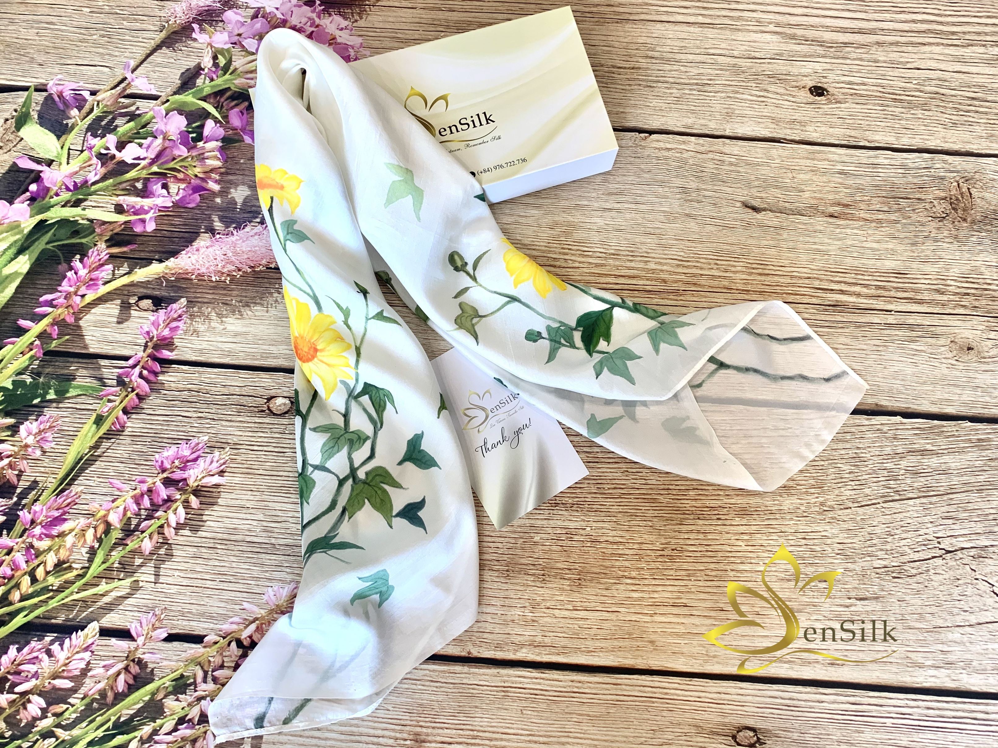 Khăn Lụa Vuông Vẽ Hoa Dã Quỳ SenSilk 90x90cm, Painting Silk Scarves for Women, Khăn Quàng Cổ Thời Trang