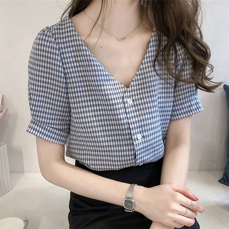 Áo Sơ Mi Nữ Đũi Việt Kẻ Caro xanh, Áo Nữ Công Sở Ngắn Tay Cổ Tim, Dáng Đẹp Kiểu Hàn Quốc Đũi Việt DV190