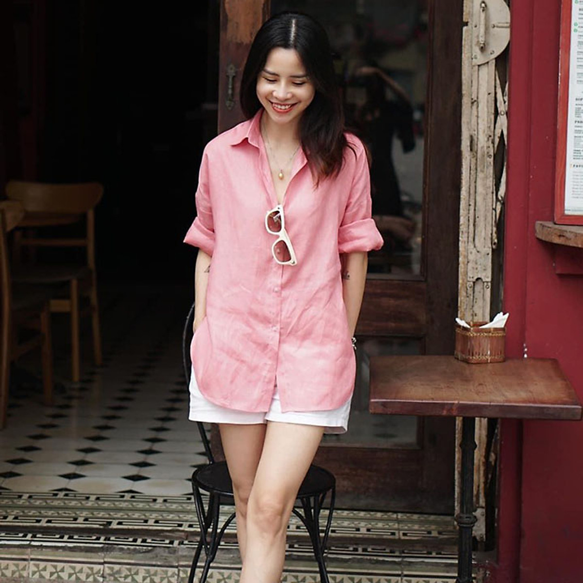 Áo sơ mi nữ Linen tưng Hàn form rộng trễ vai trẻ trung, chất vải Linen nhập Hàn mềm mát