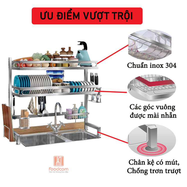 Kệ chén bát đa năng Foodcomkích thước 106 cm 2 tầng dùng cho bồn đôi bằng inox cao cấp không gỉ, giá để bát trên bồn rửa ráo nước cho nhà bếp sạch sẽ