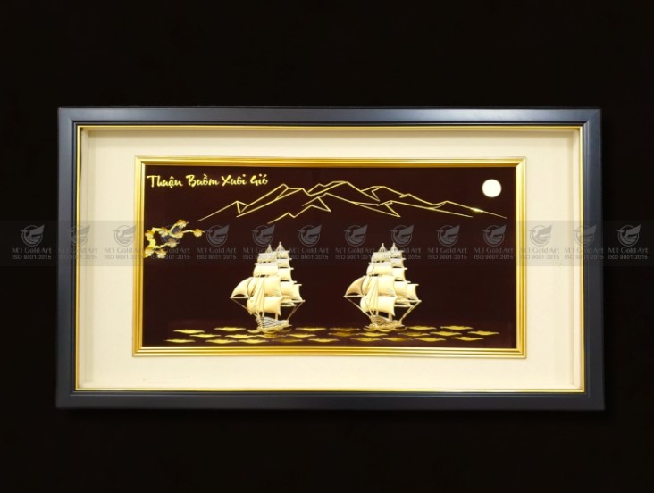 Tranh đôi thuyền buồm dát vàng 24k (50x90cm) MT Gold Art- Hàng chính hãng, trang trí nhà cửa, quà tặng sếp, đối tác, khách hàng.