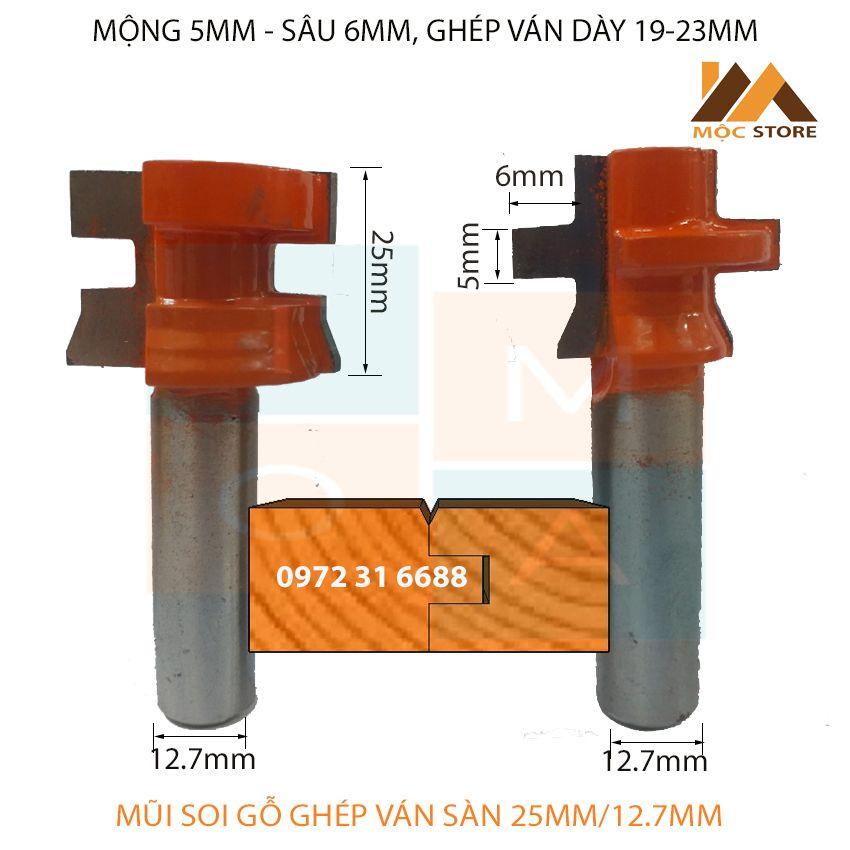 BỘ MŨI PHAY GỖ GHÉP VÁN SÀN 25MM CỐT 12.7MM MỘNG 5MM SÂU 6MM - MŨI SOI GỖ GHÉP VÁN SÀN HÀNG