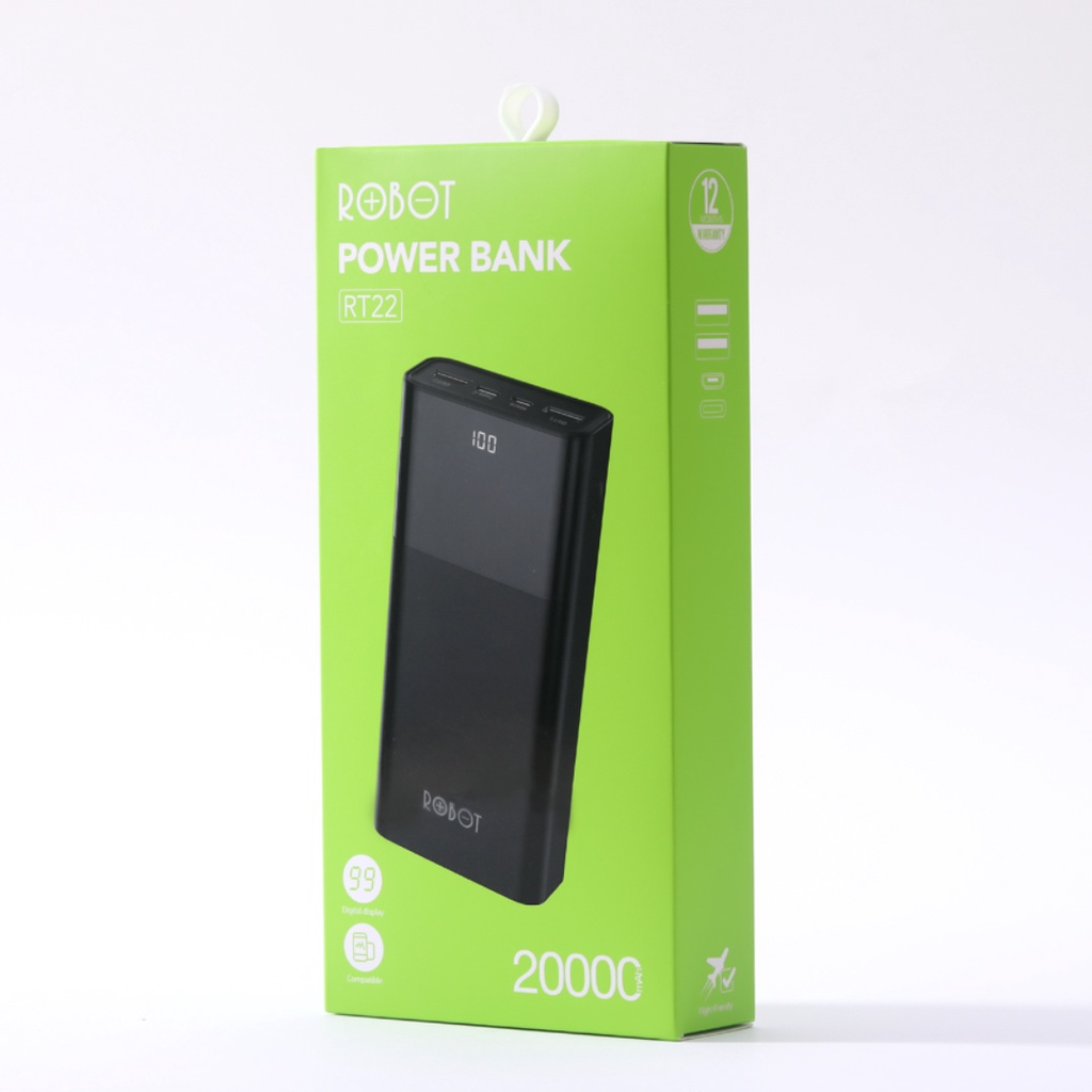 Pin Sạc Dự Phòng 20.000mAh ROBOT RT22 2 cổng Input Micro/Type C & 2 cổng Output USB hiển thị đèn LED - Hàng Chính Hãng