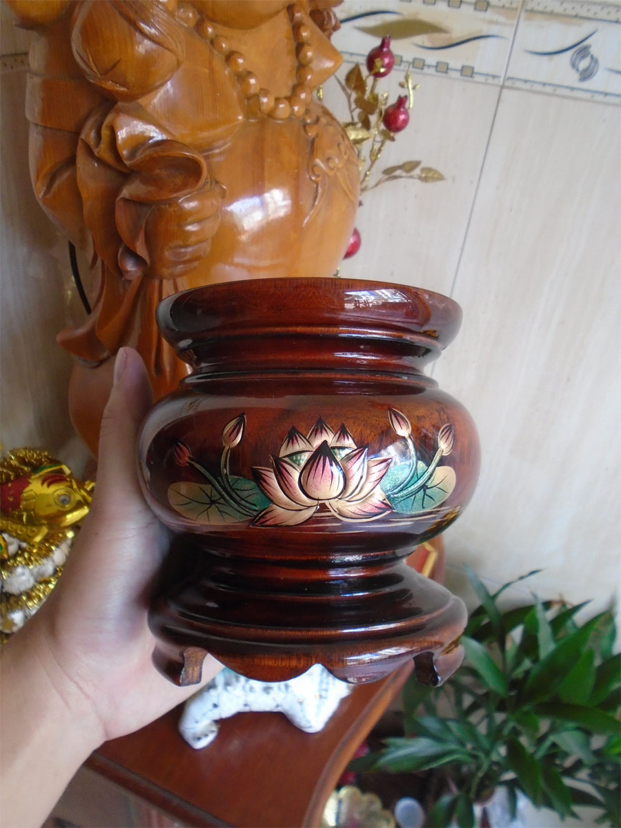Bát nhang gỗ xoan đào hoạ tiết hoa sen kích thước ngang 15cm