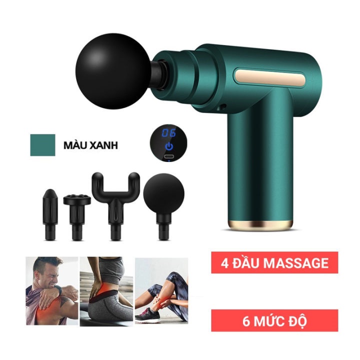 Máy massage toàn thân 4 đầu thay và 6 chế độ rung giảm đau mỏi cơ - Súng mát xa mini cầm tay cho nam và nữ, dùng cho cổ vai gáy, lưng, hông, chân, tay....