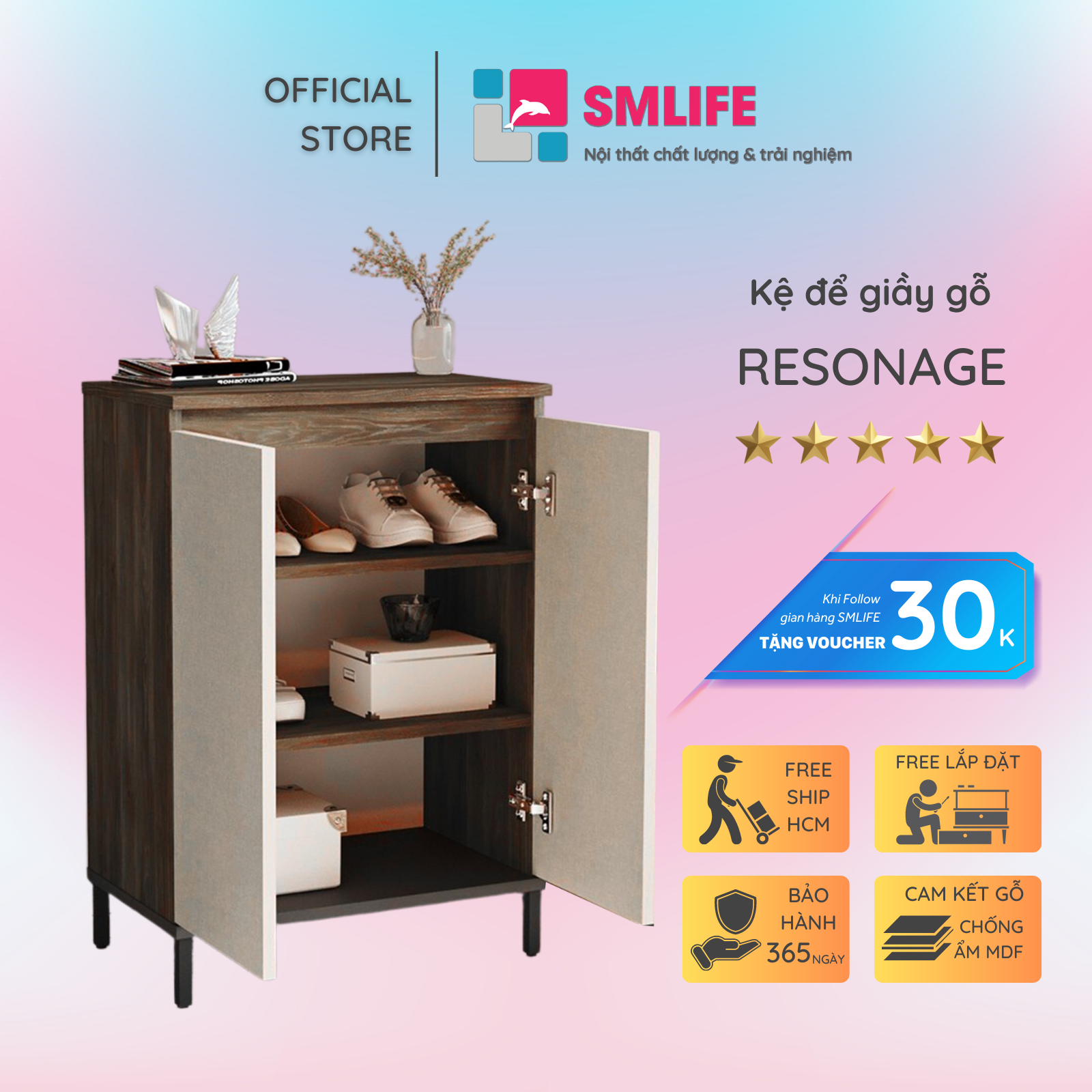 Kệ để giầy gỗ hiện đại SMLIFE Resonage | Gỗ MDF dày 17mm chống ẩm | D60xR35xC90cm