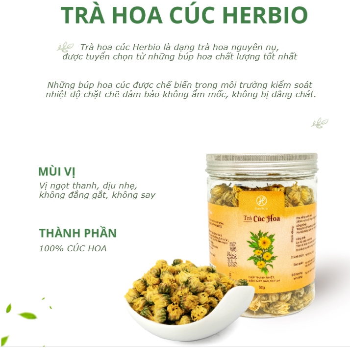 TRÀ THẢO DƯỢC HOA CÚC NỤ SẤY LẠNH CHÂN KHÔNG HERBIO - giúp thanh nhiệt, giải độc, mát gan, đẹp da, ngủ ngon - hộp 50gr