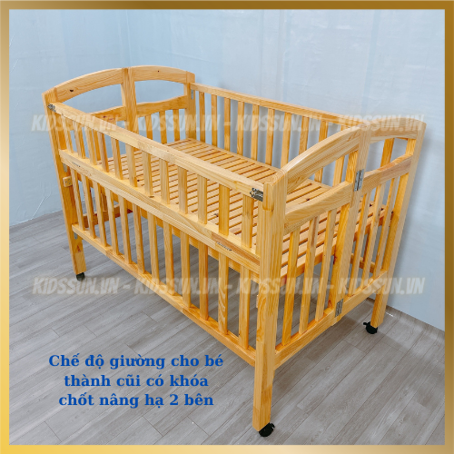 Nôi Cũi Gỗ Cho Bé Chất Liệu Gỗ Thông Kích Thước [130x80x96cm] Màu Tự Nhiên Chịu Tải Lên Tới 60kg Tặng Kèm Bánh Xe