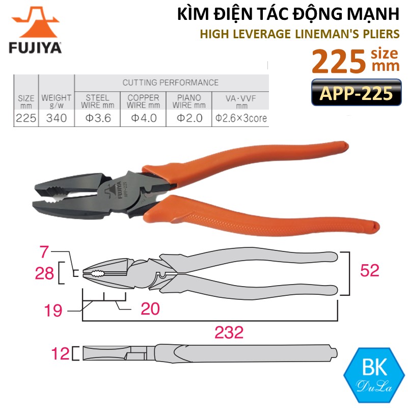 Kìm điện - Kìm răng tác động mạnh cách điện  Fujiya APP-225 GENUINE 9inch / 225mm công nghệ Nhật Bản