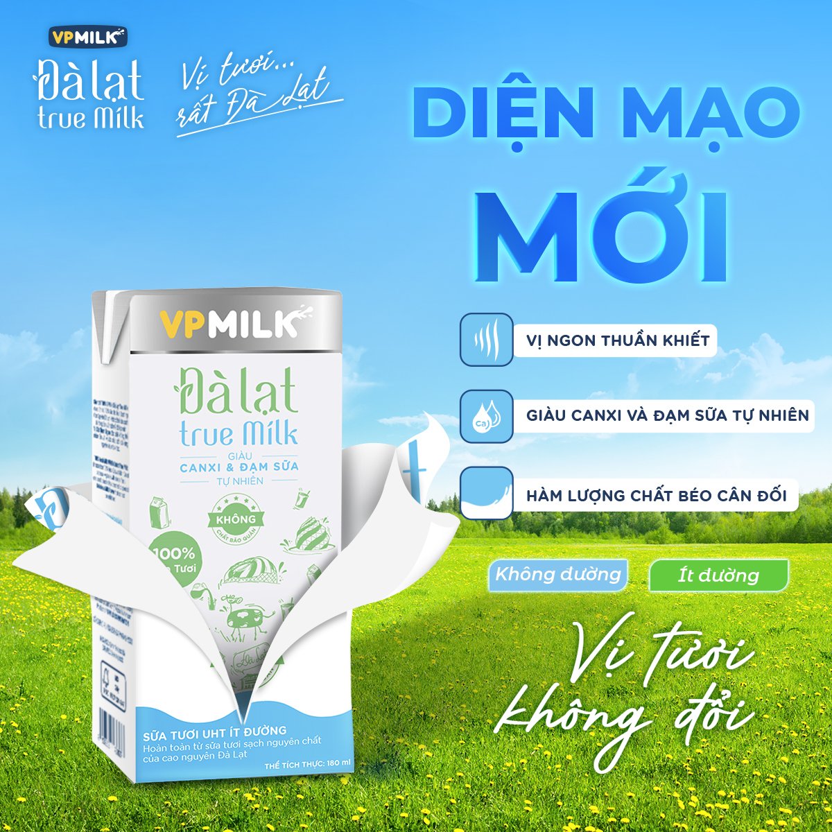 Sữa tươi UHT Đà Lạt True Milk VPMilk KHÔNG ĐƯỜNG hộp 180ml (Thùng 48 hộp)