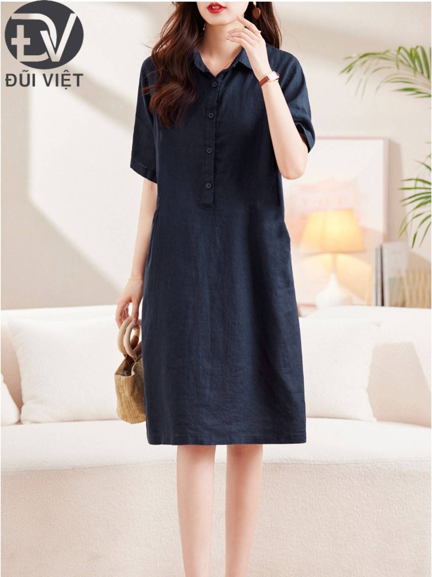 Đầm váy sơ mi nữ ngắn tay, phong cách trẻ trung Hàn Quốc, chất vải Linen mềm cao cấp, thời trang công sở Đũi Việt