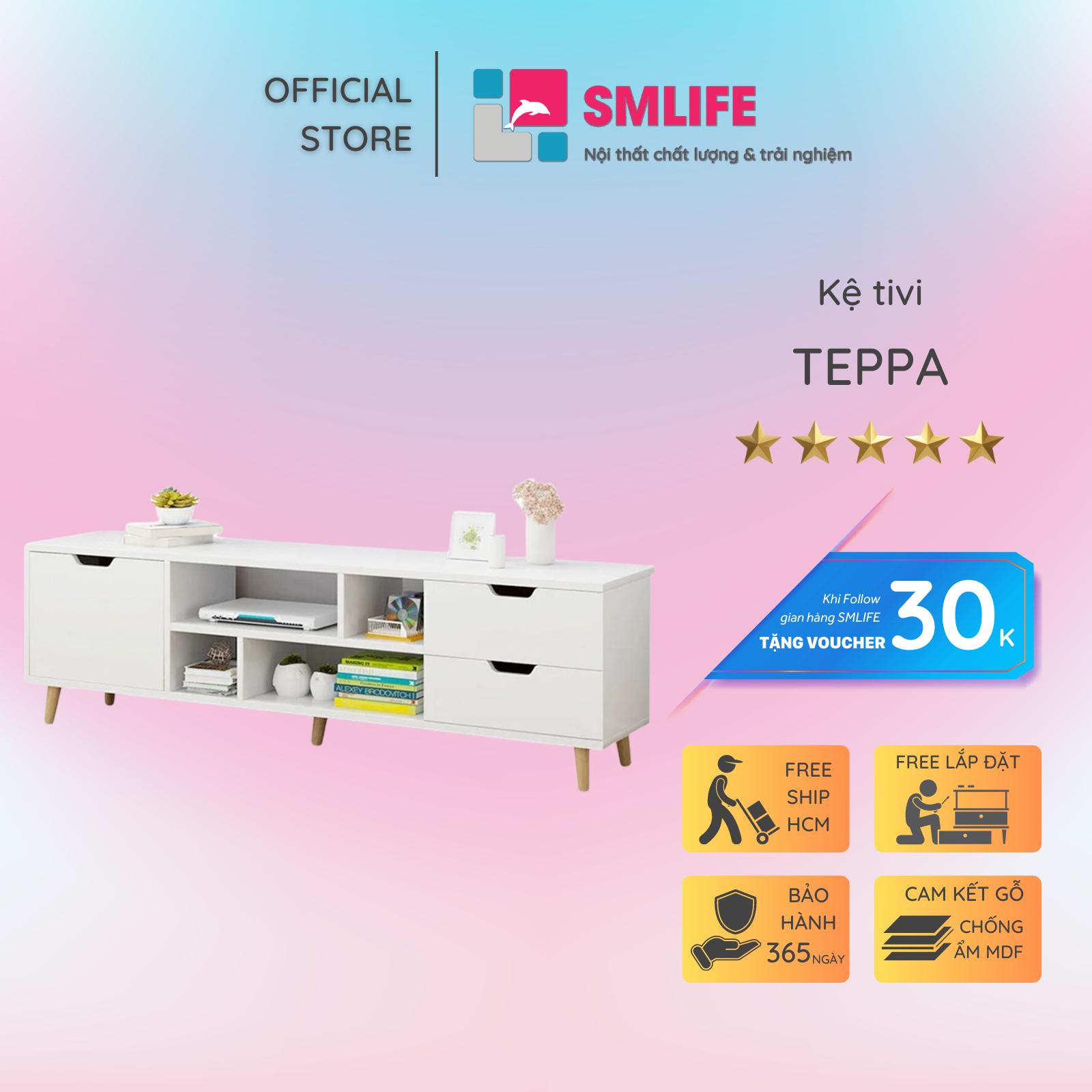 Mẫu kệ tivi phòng ngủ thanh lịch SMLIFE Teppa