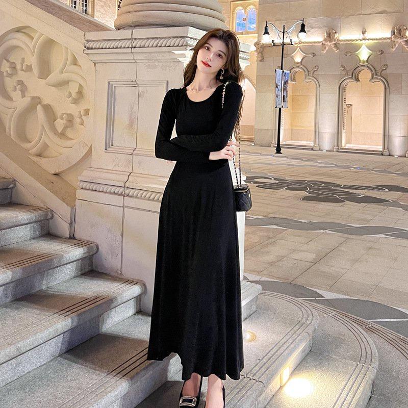Váy suông dáng dài, váy maxi dài tay dáng xòe trơn basic cổ tròn vải thun tăm co giãn dày dặn phong cách Hàn Quốc,VAY025
