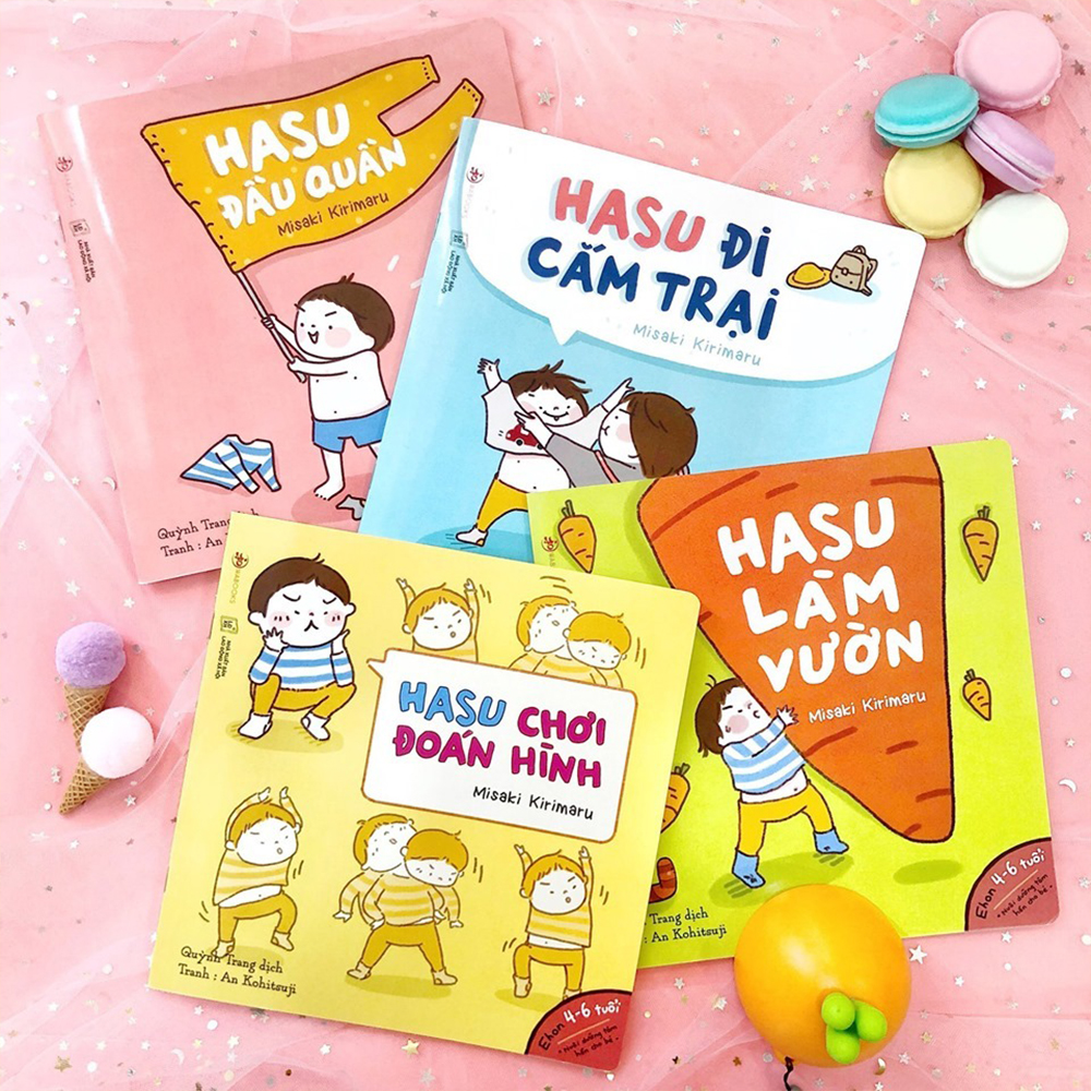 Combo 4 cuốn truyện tranh Ehon Nhật Bản - Những câu chuyện kỳ lạ của Hasu (Hasu chơi đoán hình, Hasu đầu quần, Hasu đi cắm trại, Hasu làm vườn) - Dành cho trẻ từ 4 - 6 tuổi