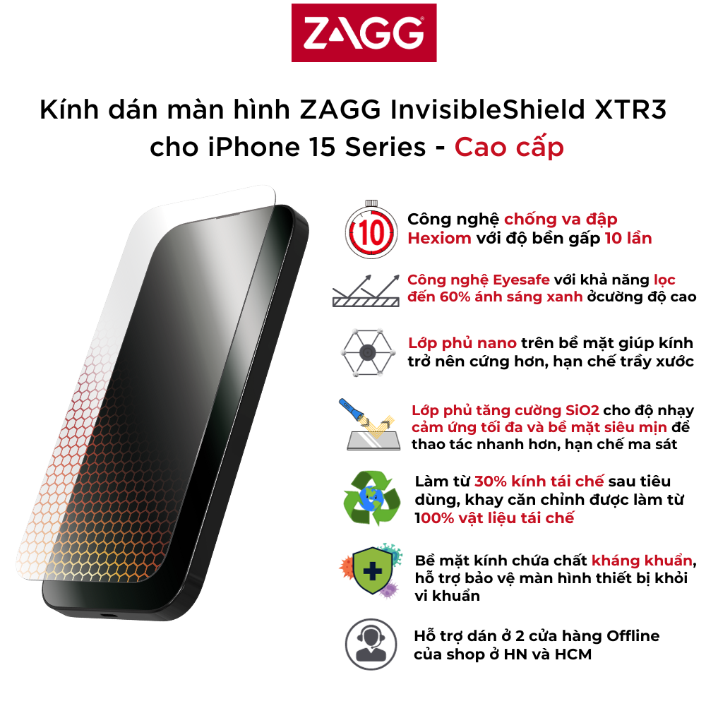 Kính dán màn hình ZAGG InvisibleShield XTR3 cho iPhone 15 Series  - Siêu chống ánh sáng xanh - Hàng chính hãng