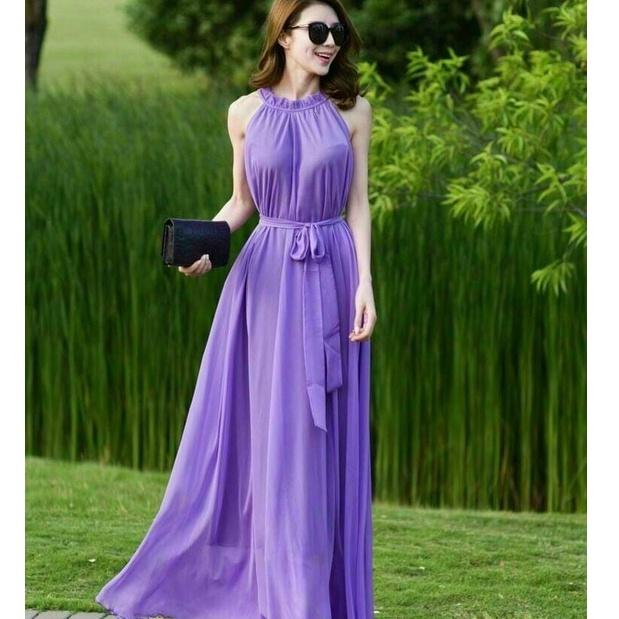 Đầm Maxi Dài Cột Nơ Eo Cổ Yếm Xếp Ly Thời Trang Nữ