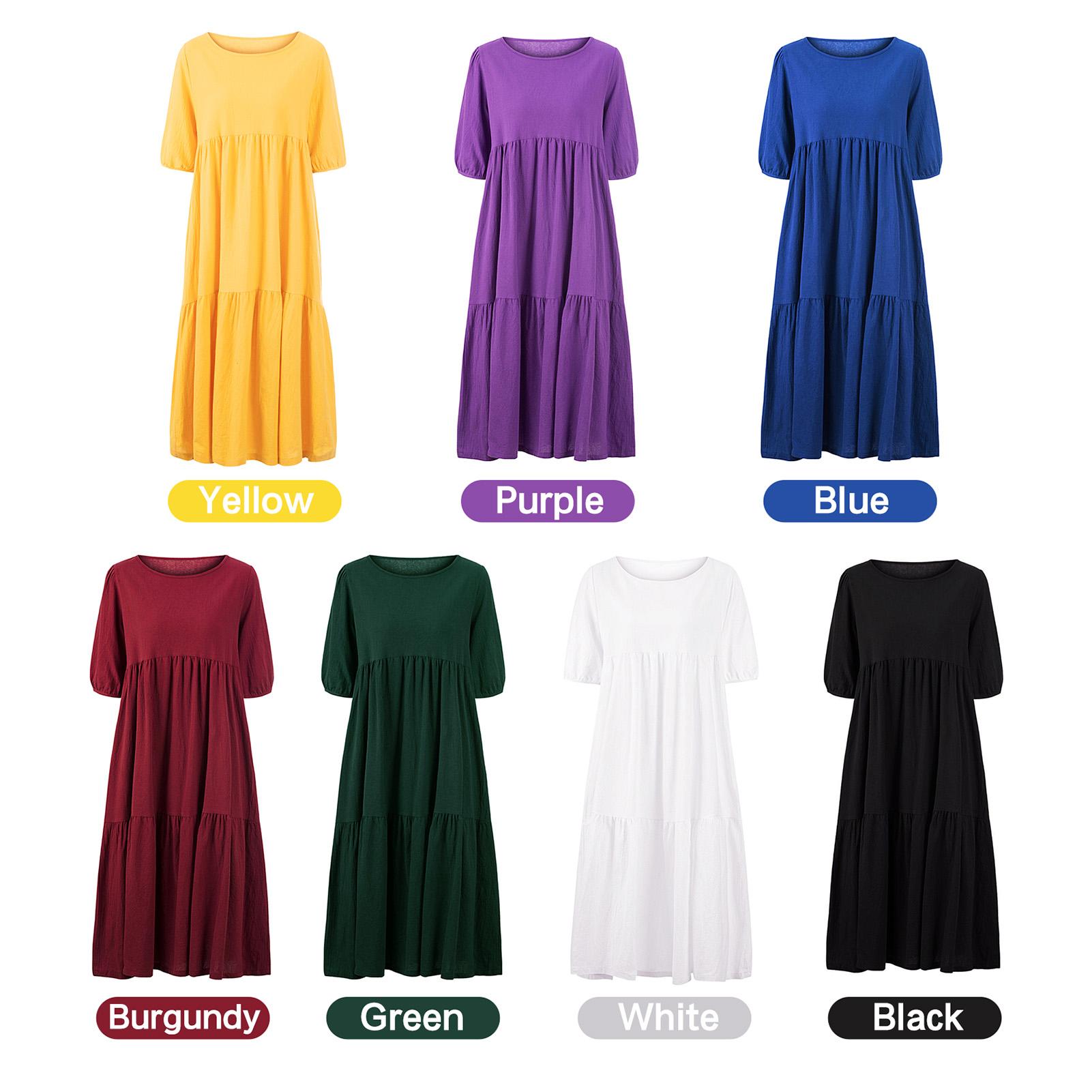 Fashion Women Solid Color Dress O Neck Short Sleeve Plus Size Loose Casual Summer Beach Sundress