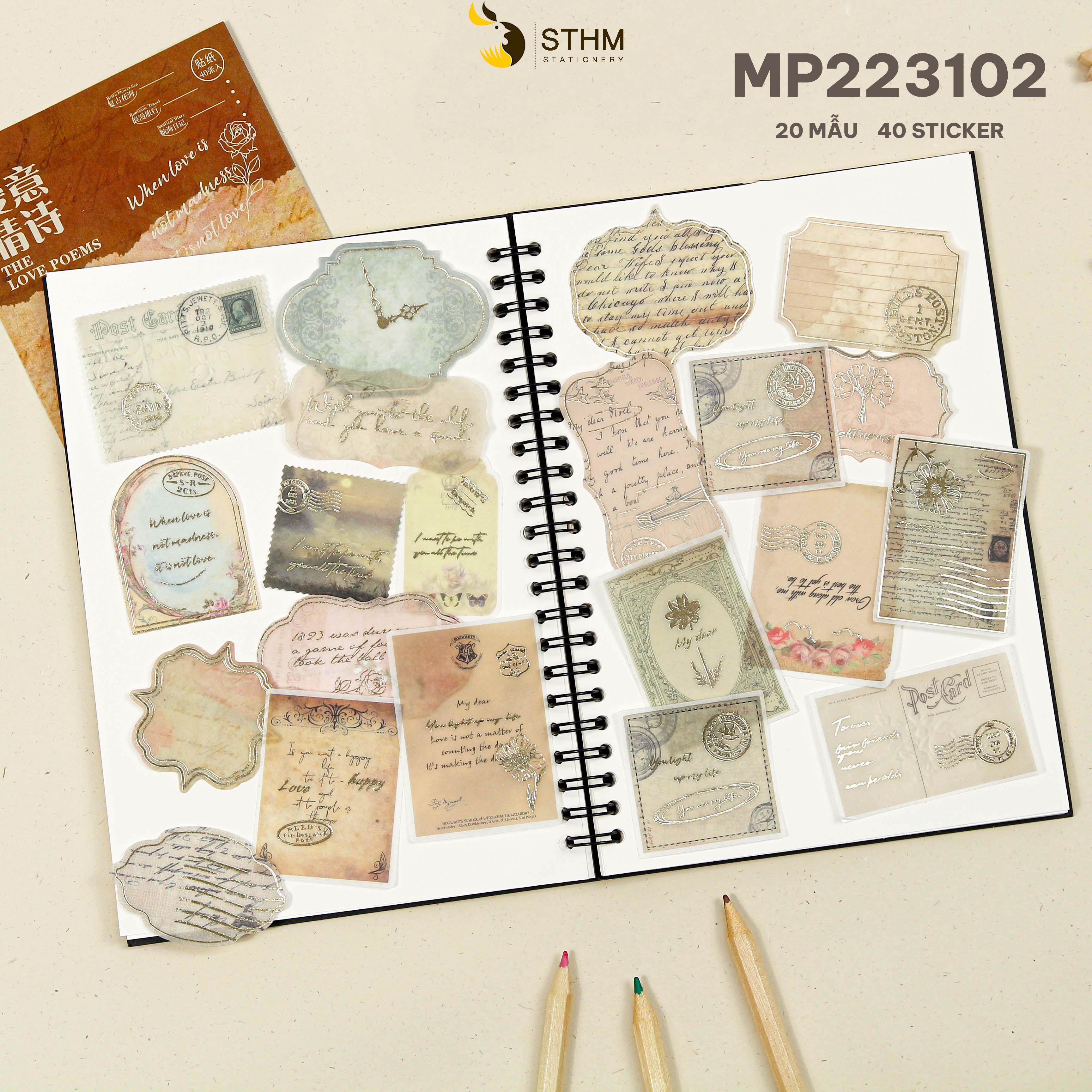 Sticker xấp 40 tờ - 20 mẫu có ánh kim - Phụ kiện trang trí sổ tay vintage - STHM stationery