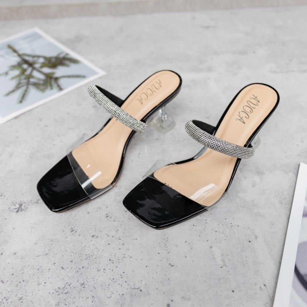 Giày sandal gót vuông quai ngang đính xoan cao cấp