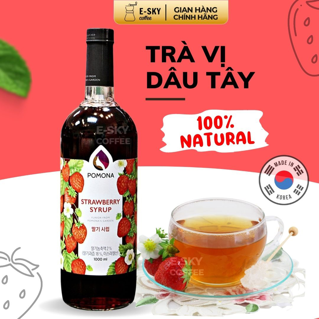 Siro Dâu Tây POMONA Strawberry Syrup Nguyên Liệu Pha Chế Hàn Quốc Chai Thủy Tinh 1 lít