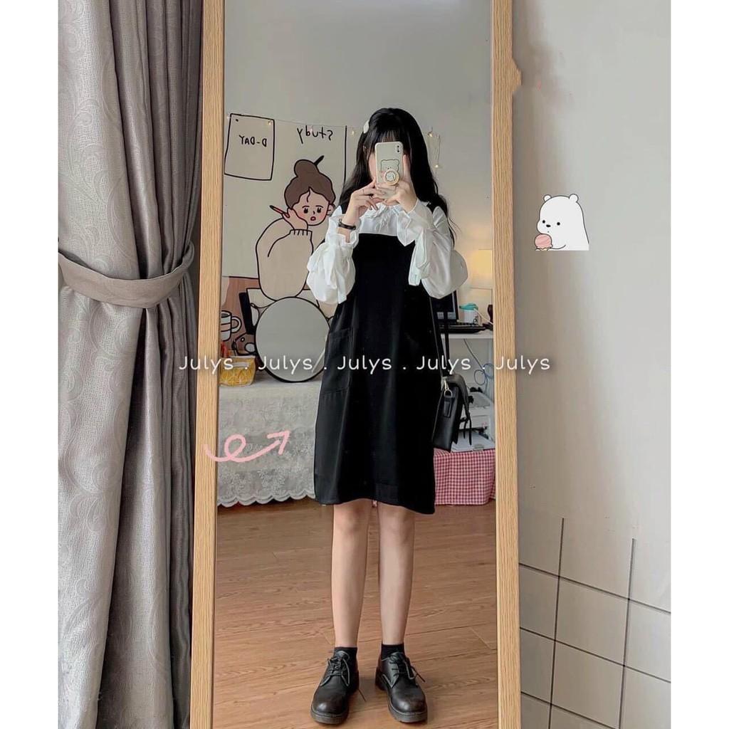 Váy yếm liền áo sơ mi tay bèo phong cách hàn quốc dễ thương Nguyễn Hoa
