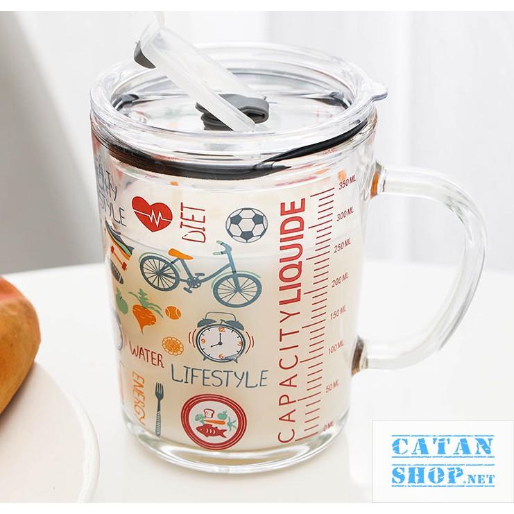 Ly chịu nhiệt thủy tinh chia vạch có nắp , cốc ly pha sữa cho bé
