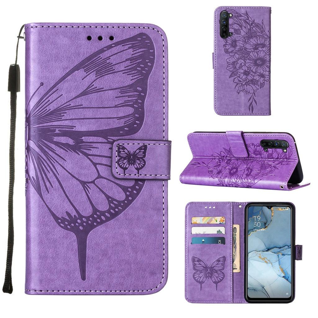 Ốp điện thoại da dạng ví dập nổi hình bướm có giá đỡ cho Oppo Reno6 Pro + 5G Realme 5 6i Find X2 Lite Find X2 Neo