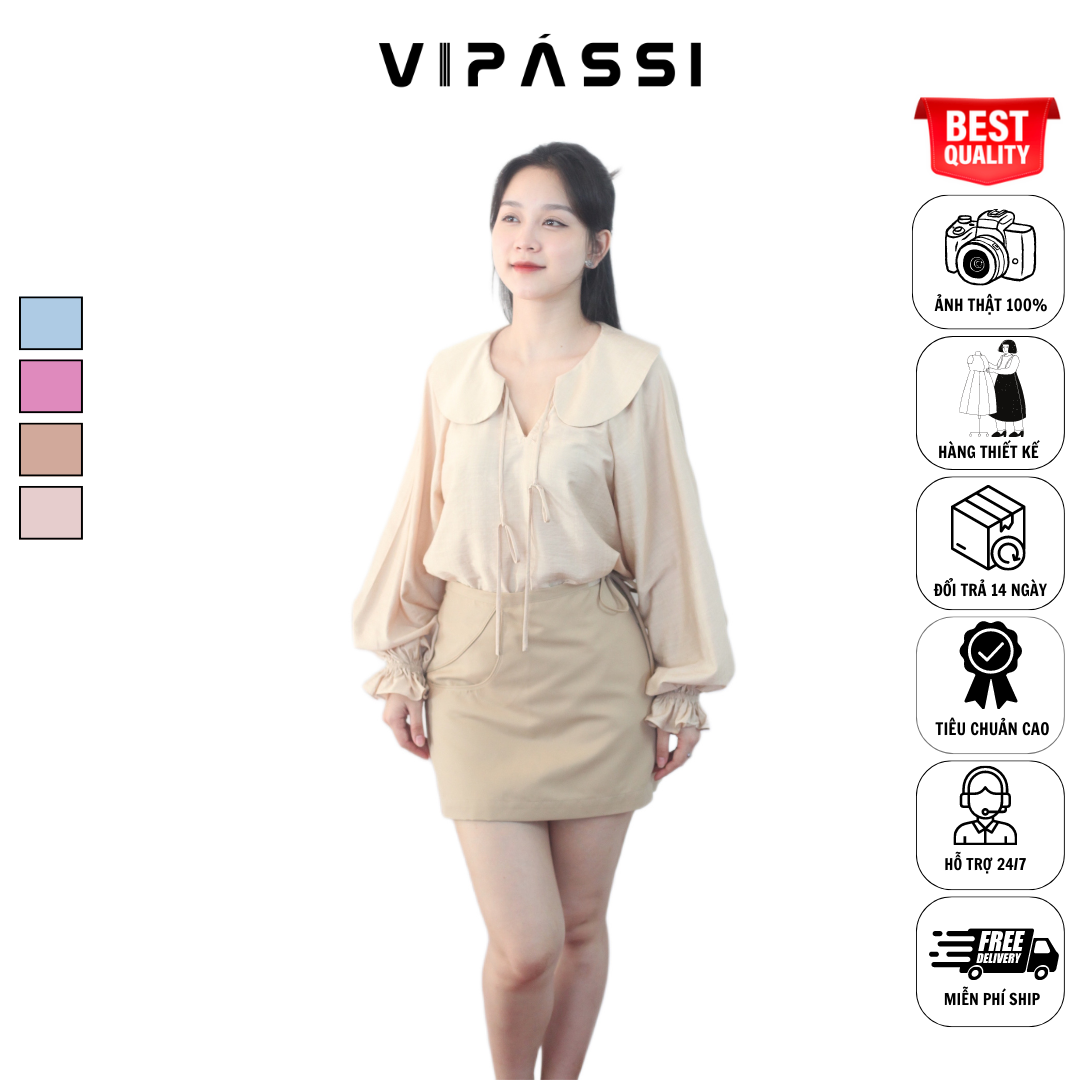 VIPÁSSI Áo Sơ Mi Nữ Cổ Sen Dây Thắt Nơ Dài Tay Phồng Bo Chun Linen Tơ