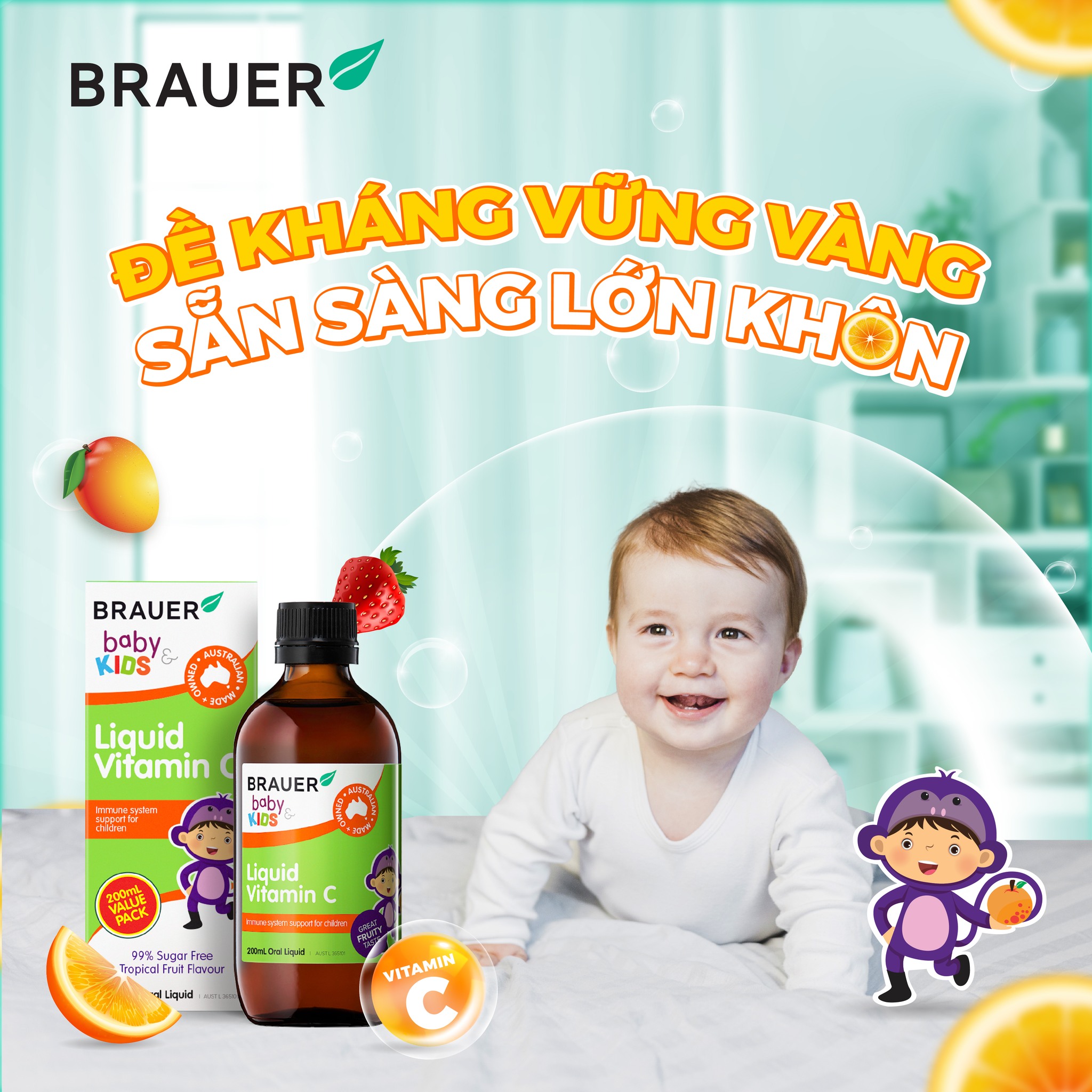 Vitamin C cho trẻ 1 - 13 tuổi Brauer Úc tăng đề kháng, tăng hệ miễn dịch, xương, răng chắc khỏe, nhanh lành vết thương (bệnh) - OZ Slim Store