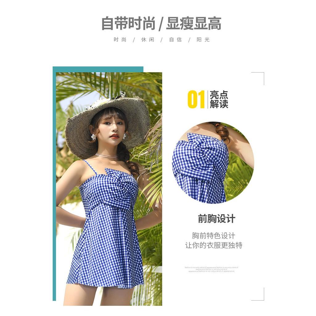 Đồ bơi nữ Bikini 1 mảnh liền thân váy xòe hai dây kẻ sọc đi bơi đi biển 1 quần mặc bên trong QC014