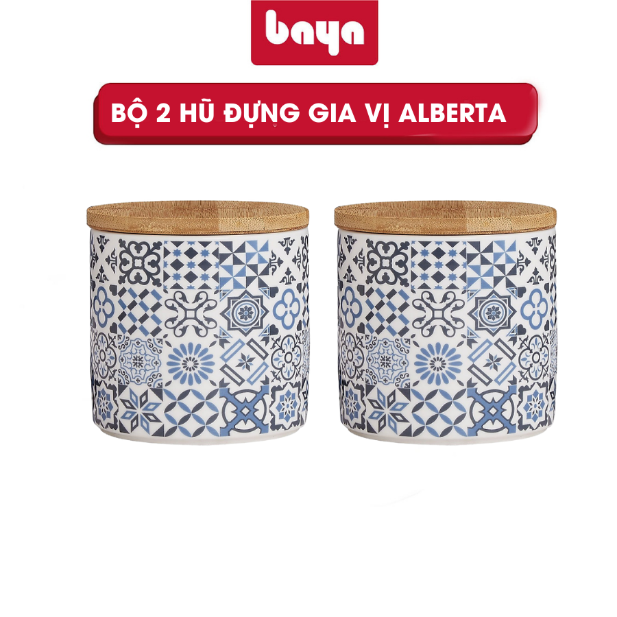 Bộ 2 Hũ Đựng Gia Vị BAYA ALBERTA Chất Sứ Trắng Họa Tiết Gạch Bông, Nắp Tre Giúp Bảo Quản Thực Phẩm 6000346