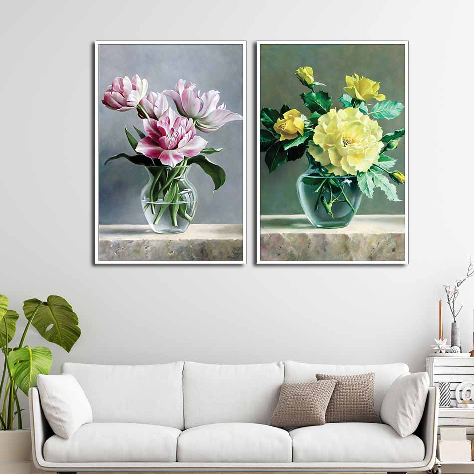 Bộ 2 tranh canvas treo tường Decor Bình hoa đẹp, phong cách hiện đại, trang nhã - DC051