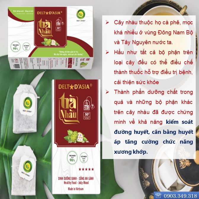 TRÀ NHÀU Hộp – Delta D'Asia Chữa huyết áp cao, nhức mỏi, đau lưng