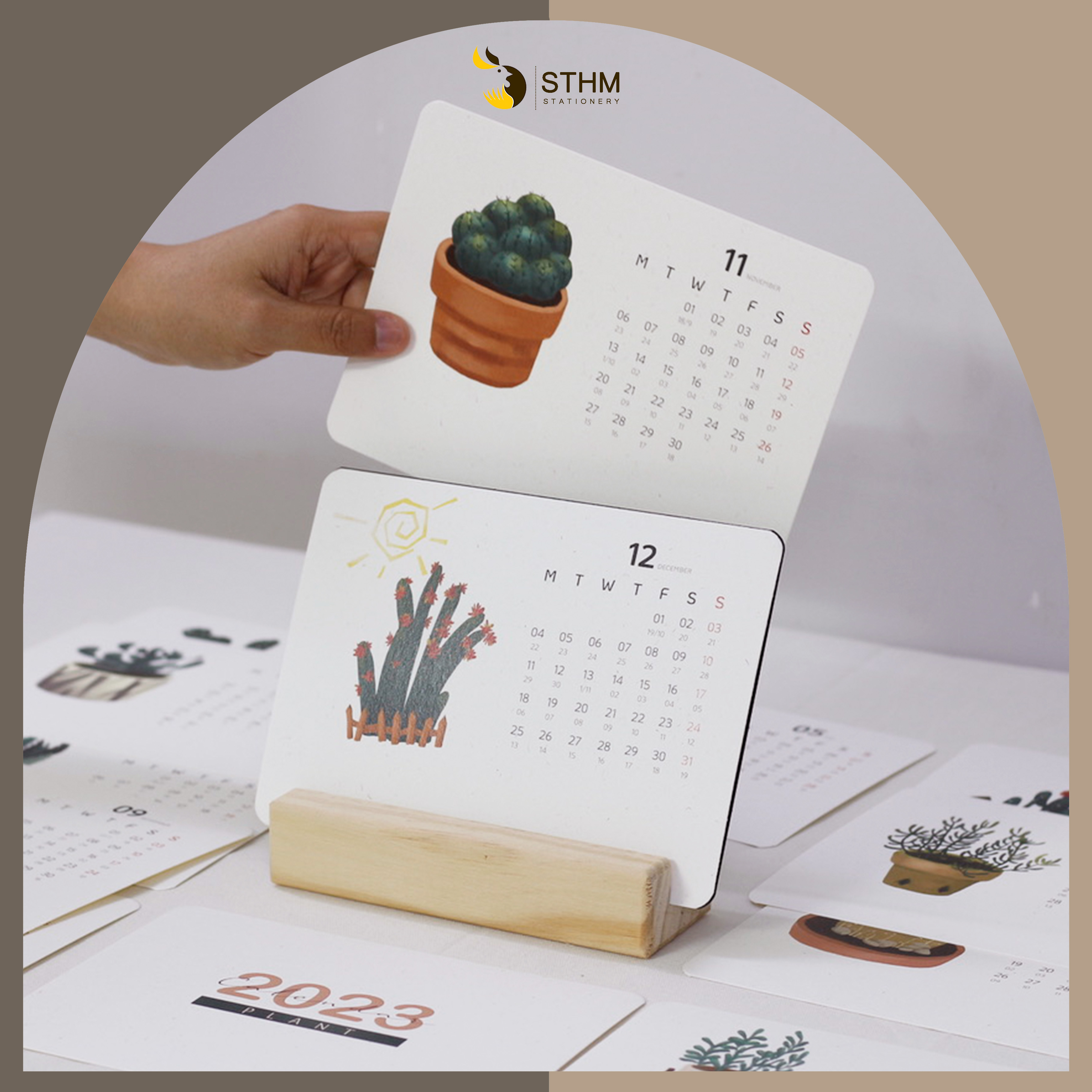 Lịch bàn đế gỗ 2023 - Plant - Tặng 12 sticker - Giấy mỹ thuật 220gsm - Có lịch âm dương - STHM stationery